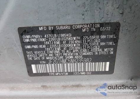 2022 Subaru Crosstrek Limited z USA, uszkodzony, nr VIN JF2GTHMC5NH235982